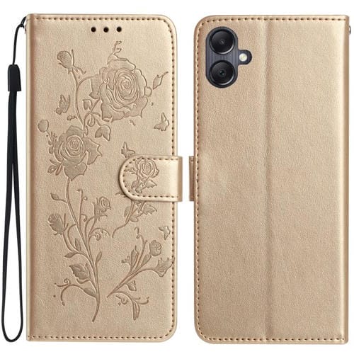 Funda de cuero con estampado de rosas en relieve para Samsung Galaxy A06 (dorada)
