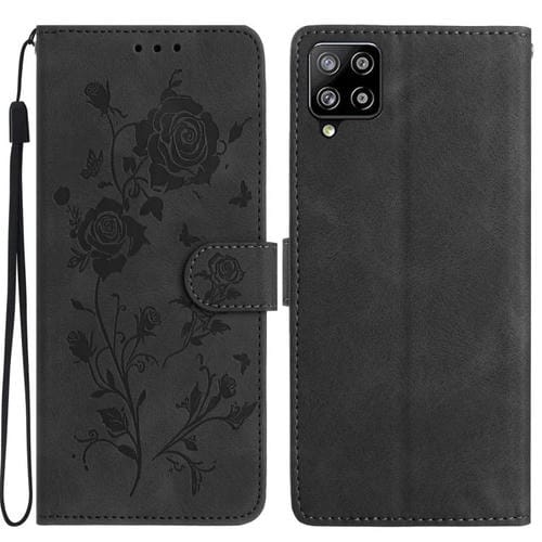 Funda de cuero con estampado floral en relieve para Samsung Galaxy A12 (negra)
