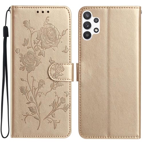 Funda de cuero con estampado de rosas en relieve para Samsung Galaxy A13 4G (dorada)