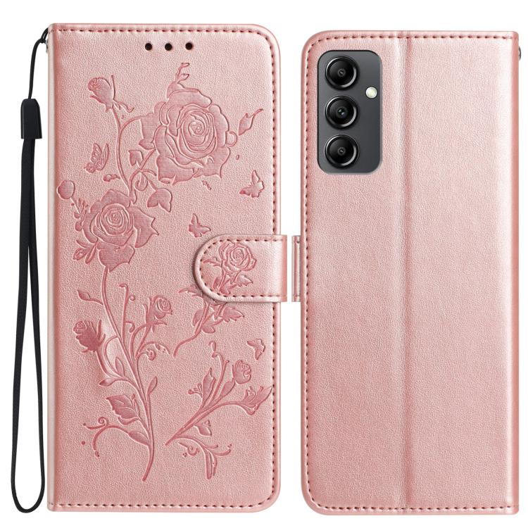 Funda de cuero con estampado floral en relieve para Samsung Galaxy A14 (oro rosa)