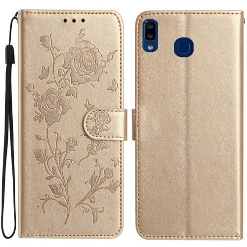 Funda de cuero con estampado de rosas en relieve para Samsung Galaxy A20/A30 (dorada)