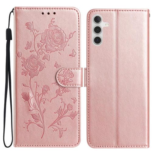 Funda de cuero con estampado floral en relieve para Samsung Galaxy A25 (oro rosa)