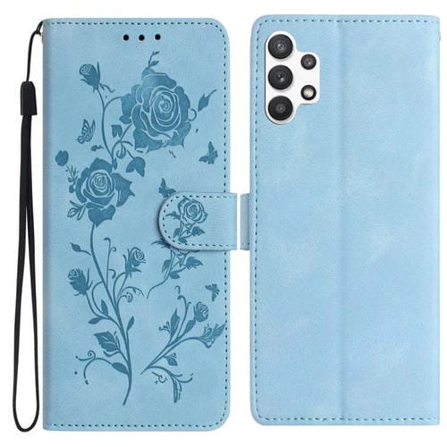 Funda de piel con estampado floral en relieve para Samsung Galaxy A32 (azul cielo)
