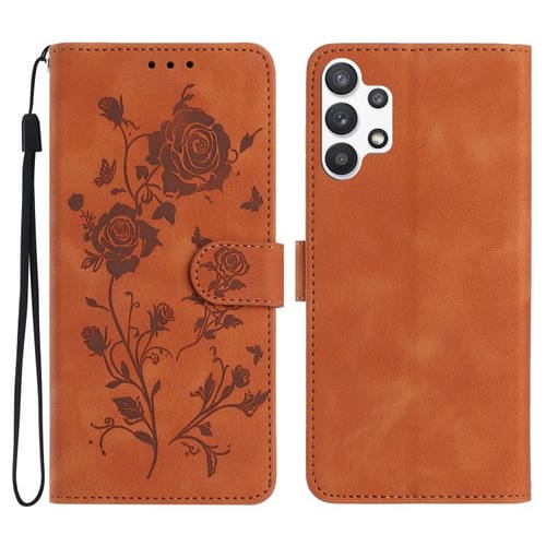 Funda de cuero con estampado de rosas en relieve para Samsung Galaxy A32 5G (marrón)