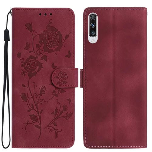 Funda de cuero con estampado de rosas en relieve para Samsung Galaxy A50 (roja)