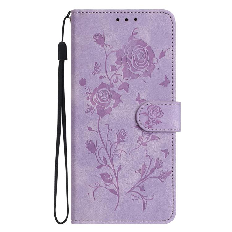 Funda de cuero con estampado de rosas en relieve para Samsung Galaxy A50 (morado claro)