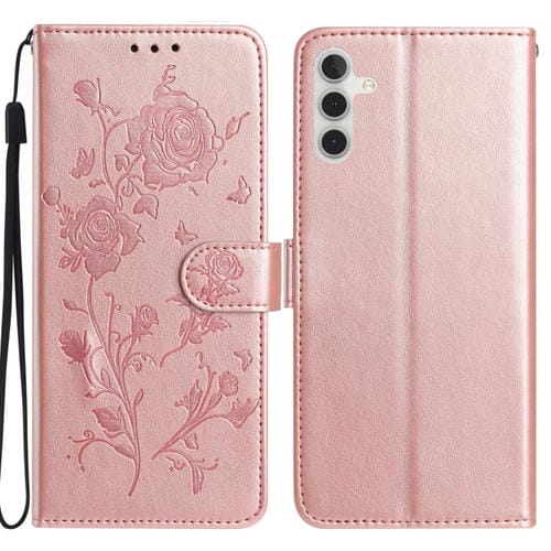 Funda de cuero con estampado floral en relieve para Samsung Galaxy A54 (oro rosa)