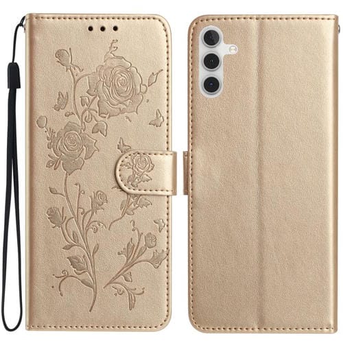 Funda de cuero con estampado de rosas en relieve para Samsung Galaxy A56 (dorada)