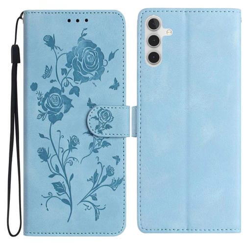 Funda de cuero con estampado floral en relieve para Samsung Galaxy A56 (azul cielo)