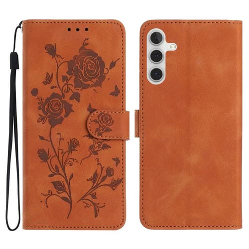 Funda de cuero con estampado de rosas en relieve para Samsung Galaxy A56 (marrón)