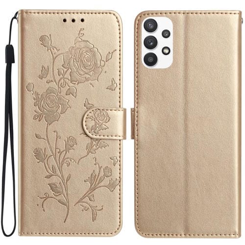 Funda de cuero con estampado de rosas en relieve para Samsung Galaxy A73 (dorada)