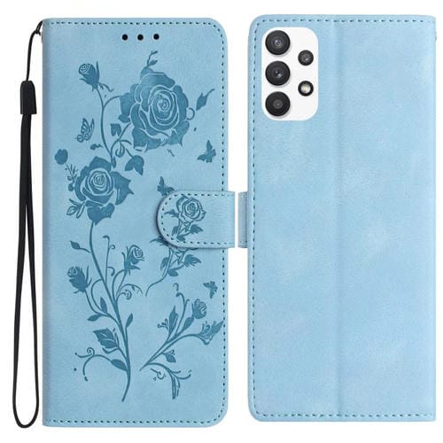 Funda de cuero con estampado floral en relieve para Samsung Galaxy A73 (azul cielo)
