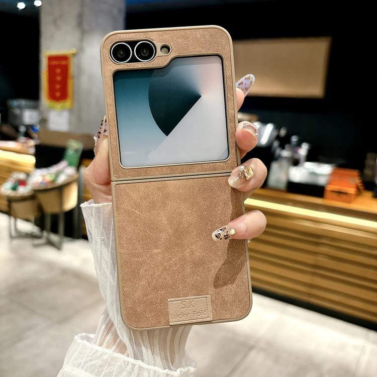 Funda de piel de cordero y corcho para Samsung Galaxy Z Flip5 5G, color marrón (borde marrón)