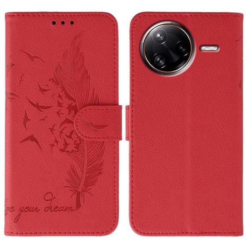 Funda de cuero con textura de lichi y estampado de plumas para Xiaomi Poco F7 Ultra / Redmi K80 Pro (roja)