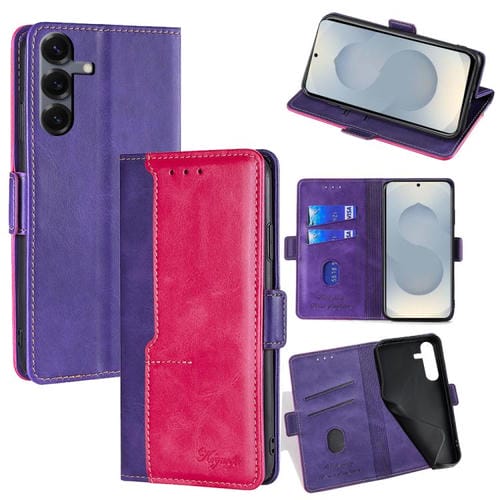 Funda de cuero con hebilla lateral en contraste para Samsung Galaxy S25 5G (morado y rojo rosa)
