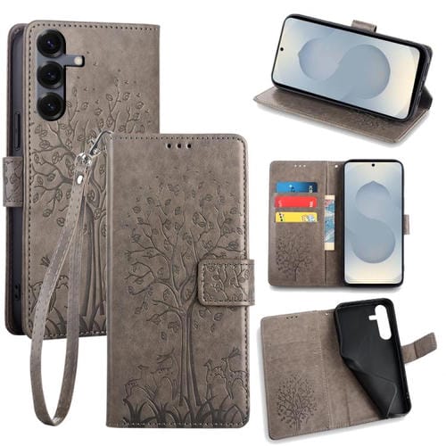 Funda de piel con relieve de árbol y ciervo para Samsung Galaxy S25 5G (gris)