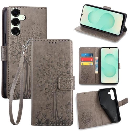 Funda de piel con relieve de árbol y ciervo para Samsung Galaxy S25+ 5G (gris)