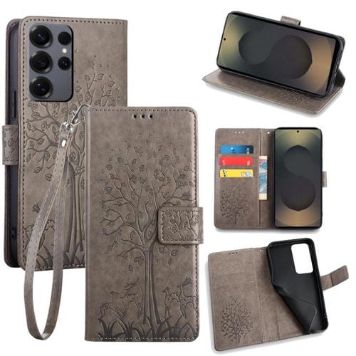 Funda de piel con relieve de árbol y ciervo para Samsung Galaxy S25 Ultra 5G (gris)