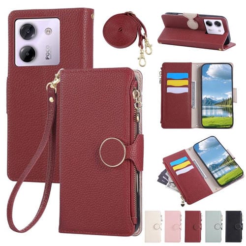 Funda de cuero con hebilla redonda y cremallera para Xiaomi Poco M7 Pro 5G, con correa cruzada (roja)