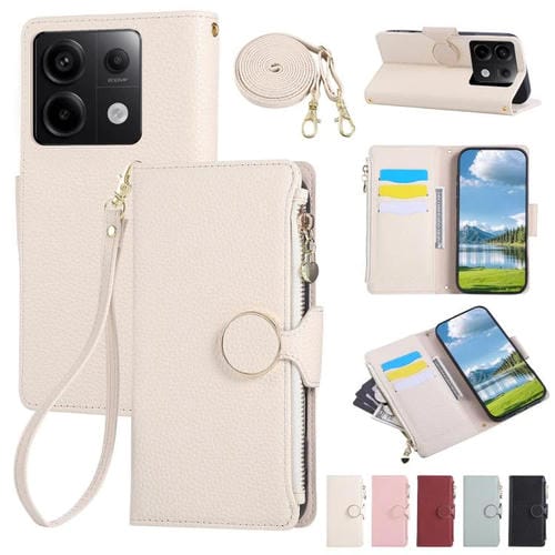 Funda de cuero con hebilla redonda y cremallera para Redmi Note 13 Pro 5G, con correa cruzada (blanca)