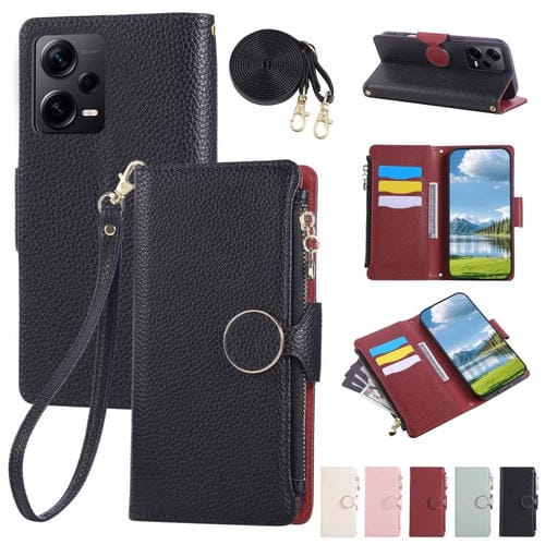 Funda de cuero con hebilla redonda y cremallera para Redmi Note 12 Pro 5G, con correa cruzada (negro)