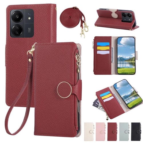 Funda de cuero tipo billetera con hebilla redonda y cremallera para Redmi 13C con correa cruzada (roja)