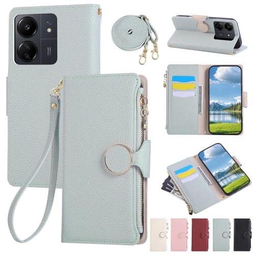 Funda de cuero tipo billetera con hebilla redonda y cremallera para Redmi 13C con correa cruzada (azul cielo)