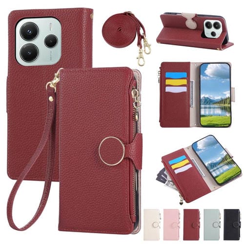 Funda de cuero con hebilla redonda y cremallera para Redmi Note 14 5G, con correa cruzada (roja)