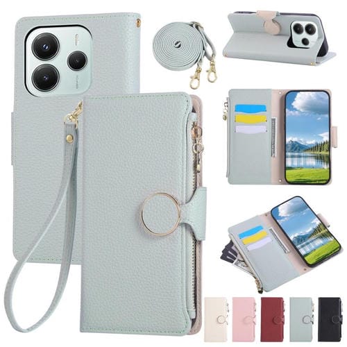 Funda de cuero con hebilla redonda y cremallera para Redmi Note 14 5G, con correa cruzada (azul cielo)