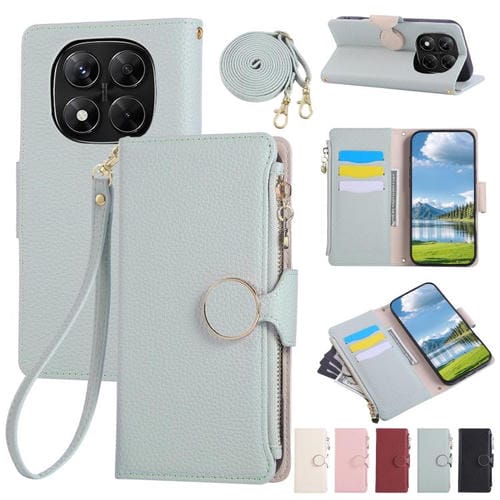 Funda de cuero con hebilla redonda y cremallera para Redmi Note 14 Pro 5G, con correa cruzada (azul cielo)