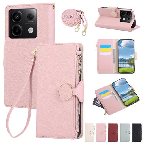 Funda de cuero con hebilla redonda y cremallera para Redmi Note 13 Pro 4G, con correa cruzada (rosa)