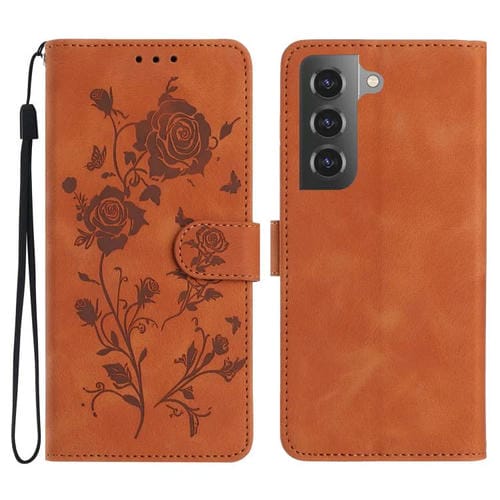 Funda de cuero con estampado de rosas en relieve para Samsung Galaxy S21+ 5G (marrón)
