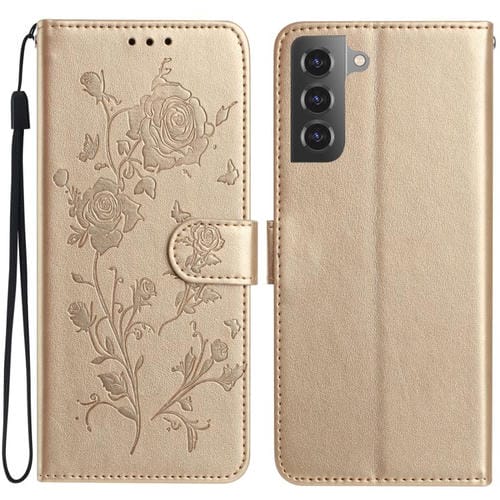 Funda de cuero con estampado de rosas en relieve para Samsung Galaxy S22 5G (dorada)
