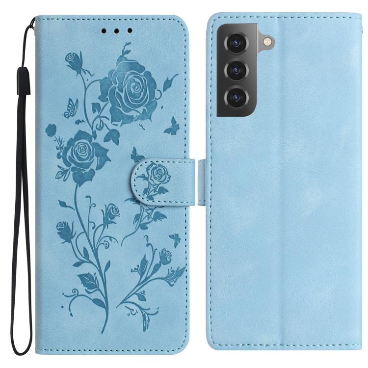Funda de cuero con estampado floral en relieve para Samsung Galaxy S22 5G (azul cielo)