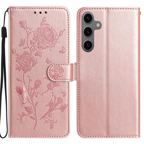 Funda de cuero con estampado floral en relieve para Samsung Galaxy S24+ 5G (oro rosa)