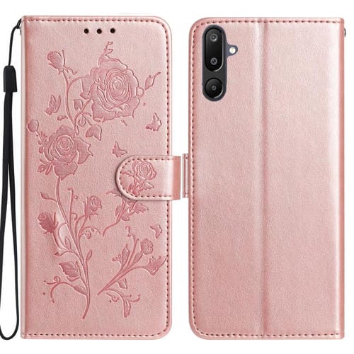 Funda de cuero con estampado floral en relieve para Samsung Galaxy F16 (oro rosa)
