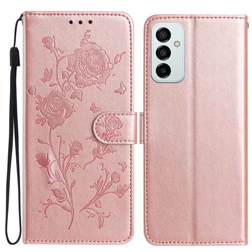 Funda de cuero con estampado floral en relieve para Samsung Galaxy M23 (oro rosa)
