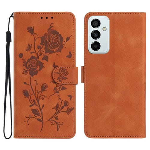 Funda de cuero con estampado de rosas en relieve para Samsung Galaxy M23 (marrón)