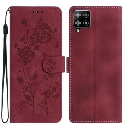 Funda de cuero con estampado floral en relieve para Samsung Galaxy M32 (roja)