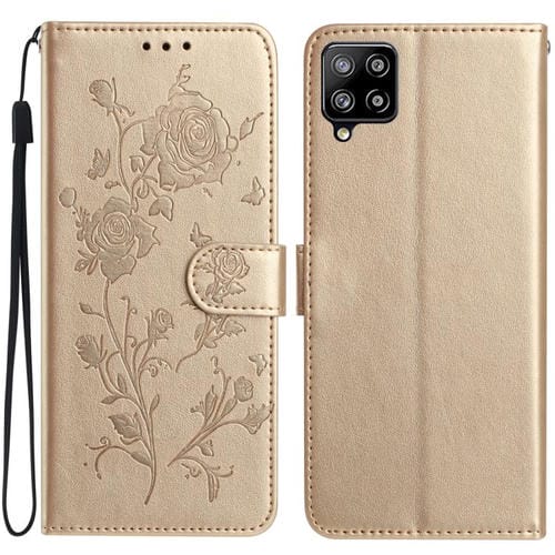 Funda de cuero con estampado de rosas en relieve para Samsung Galaxy M32 (dorada)