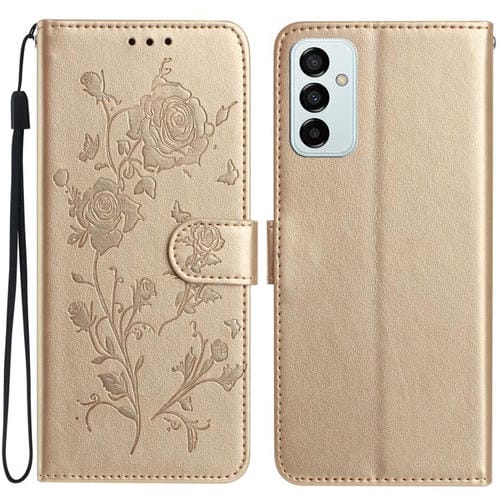 Funda de cuero con estampado floral en relieve para Samsung Galaxy M52 (dorada)