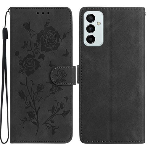 Funda de cuero con estampado de rosas en relieve para Samsung Galaxy M52 (negra)