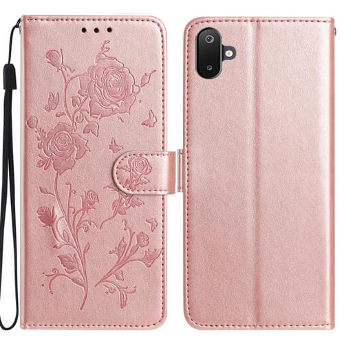 Funda de cuero con estampado floral en relieve para Samsung Galaxy F06 (oro rosa)