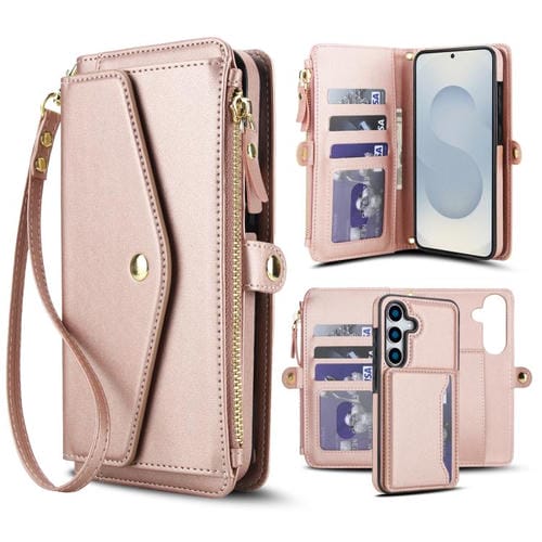 Funda de cuero desmontable con cordón para Samsung Galaxy S25+ 5G (oro rosa)