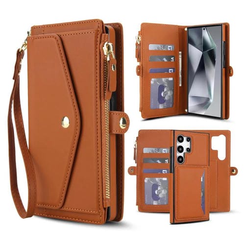 Funda de cuero desmontable con cordón para Samsung Galaxy S24 Ultra 5G (marrón)