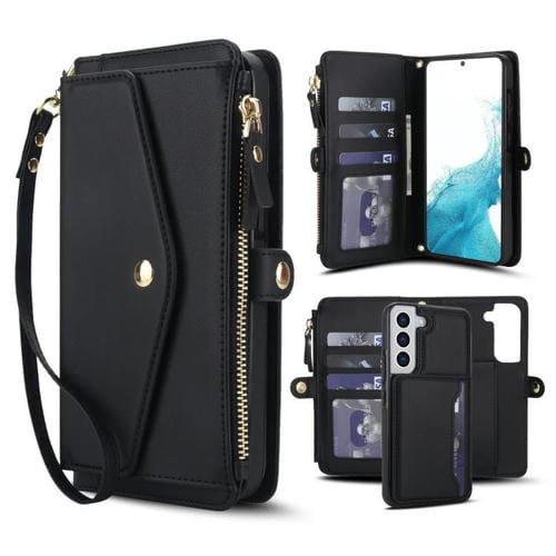Funda de cuero desmontable con cordón para Samsung Galaxy S22 5G (negro)