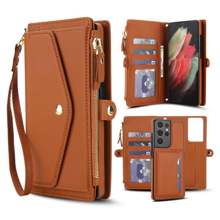 Funda de cuero desmontable con cordón para Samsung Galaxy S21 Ultra 5G (marrón)