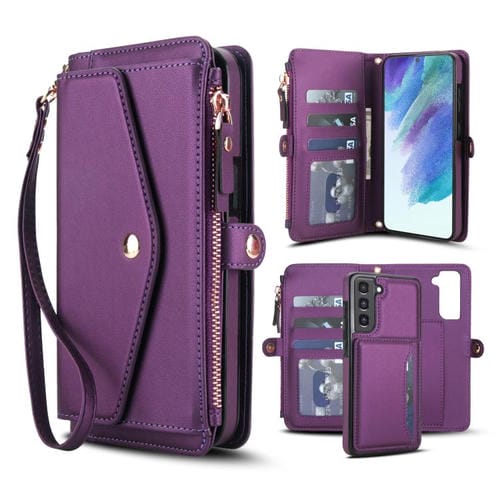 Funda de cuero desmontable con cordón para Samsung Galaxy S21 FE 5G (morado oscuro)