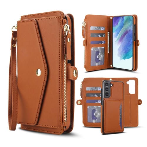 Funda de cuero desmontable con cordón para Samsung Galaxy S21 FE 5G (marrón)