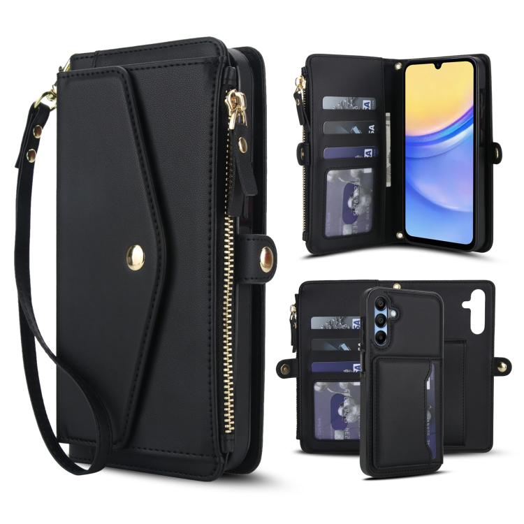 Funda de cuero desmontable con cordón para Samsung Galaxy A15 4G/5G (negro)